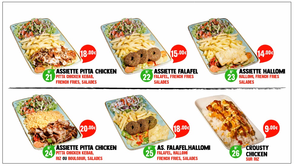 Assiette plates menu with french fries and salads