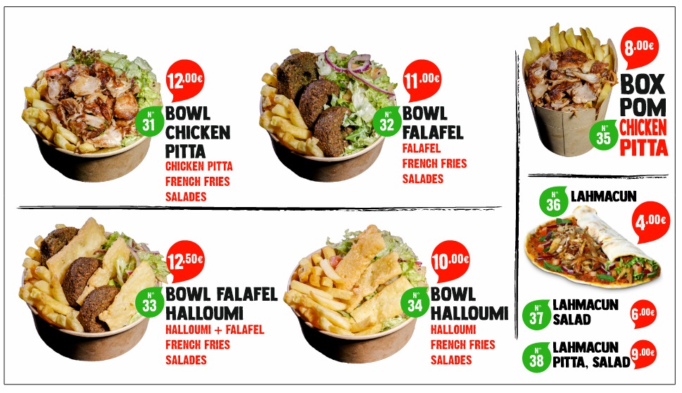 Bowls, box pom pitta and lahmacun menu