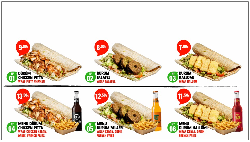 Dürüm wraps menu — chicken pitta, falafel, hallomi