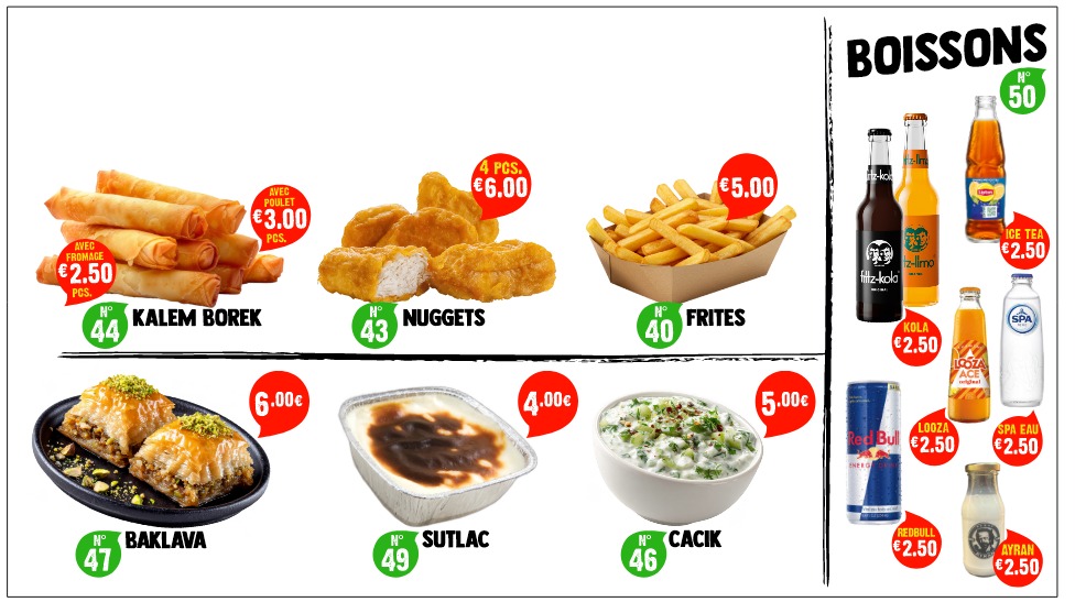 Extras, desserts and boissons menu