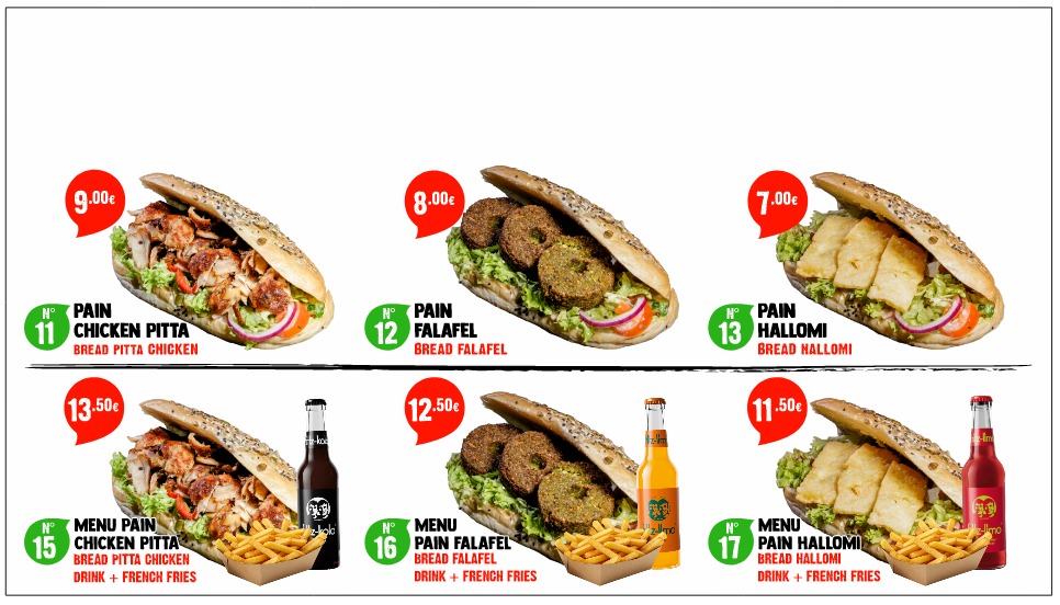 Pain bread menu — chicken pitta, falafel, hallomi
